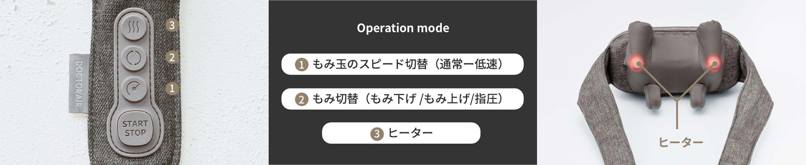 Operation mode　1：もみ玉のスピード切替（通常ー低速）　2：もみ切替（もみ下げ／もみ上げ／指圧）　3：ヒーター